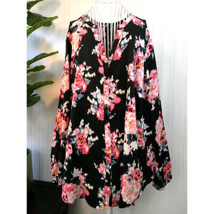 Torrid Black Pink Floral Long Sleeve Lightweight Button Up Blouse-3X